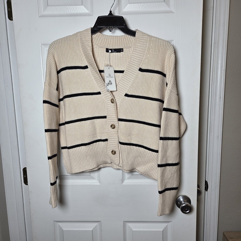 Lillusory sz M chunky knit cardigan sweater NWT striped boxy drop shoulder fall